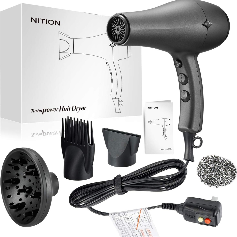 NITION Negative Ions Ceramic Hair Dryer with Diffuser,Quick Drying,1875 Watt 2.